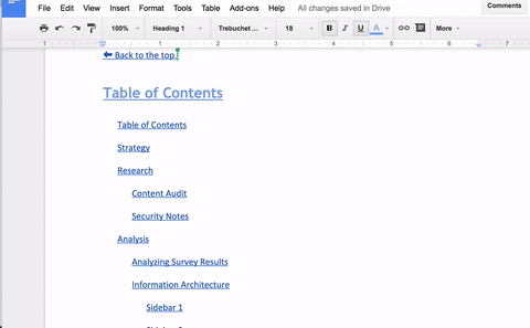 GIF demonstrating how nice it is to navigate using Google Docs' new document outline tool.