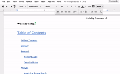 GIF showing adding a link to the top of the document in the file.