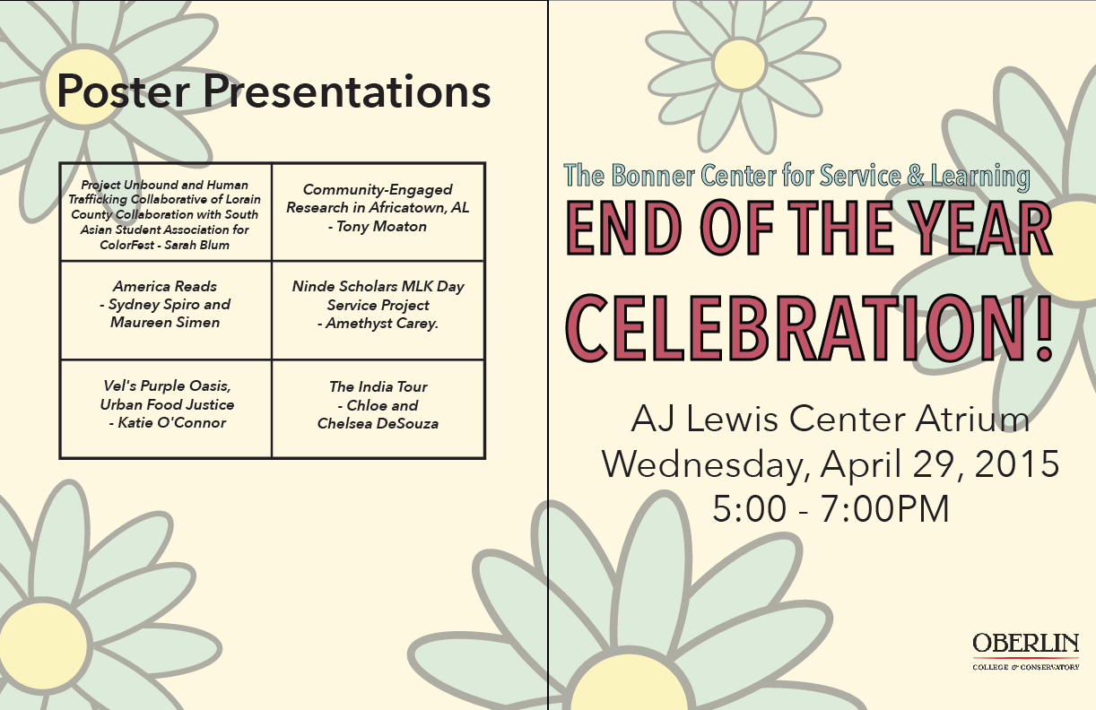 Image of postcard and pamphlet created for Oberlin Community Services' End Of The Year Celebration, 2015.