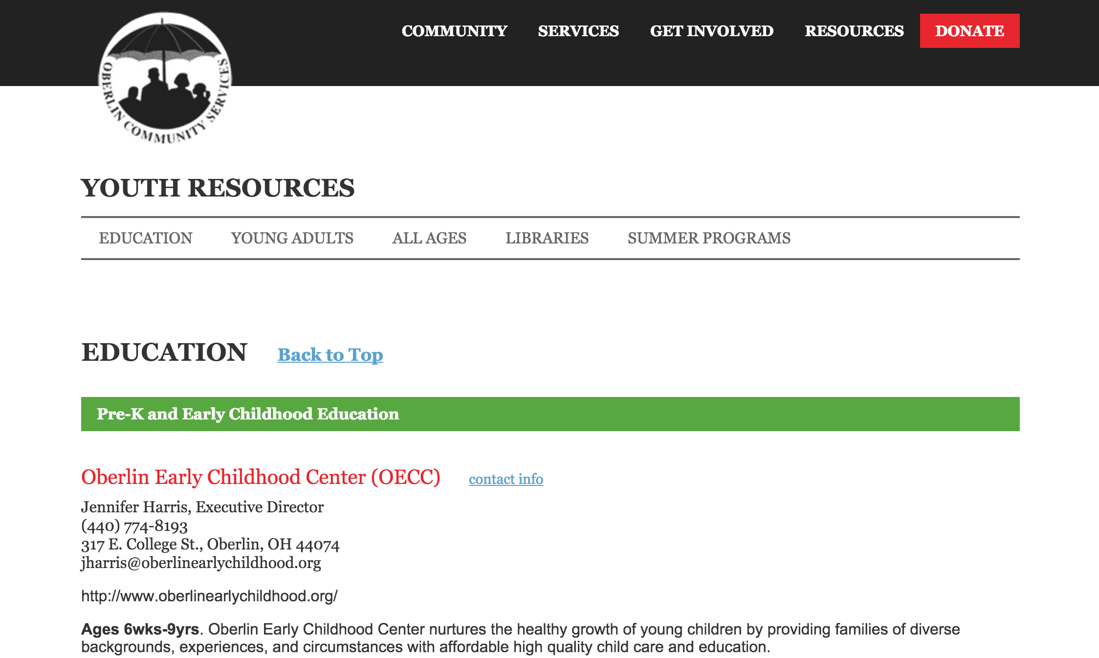 Image of the Oberlin Community Service website.